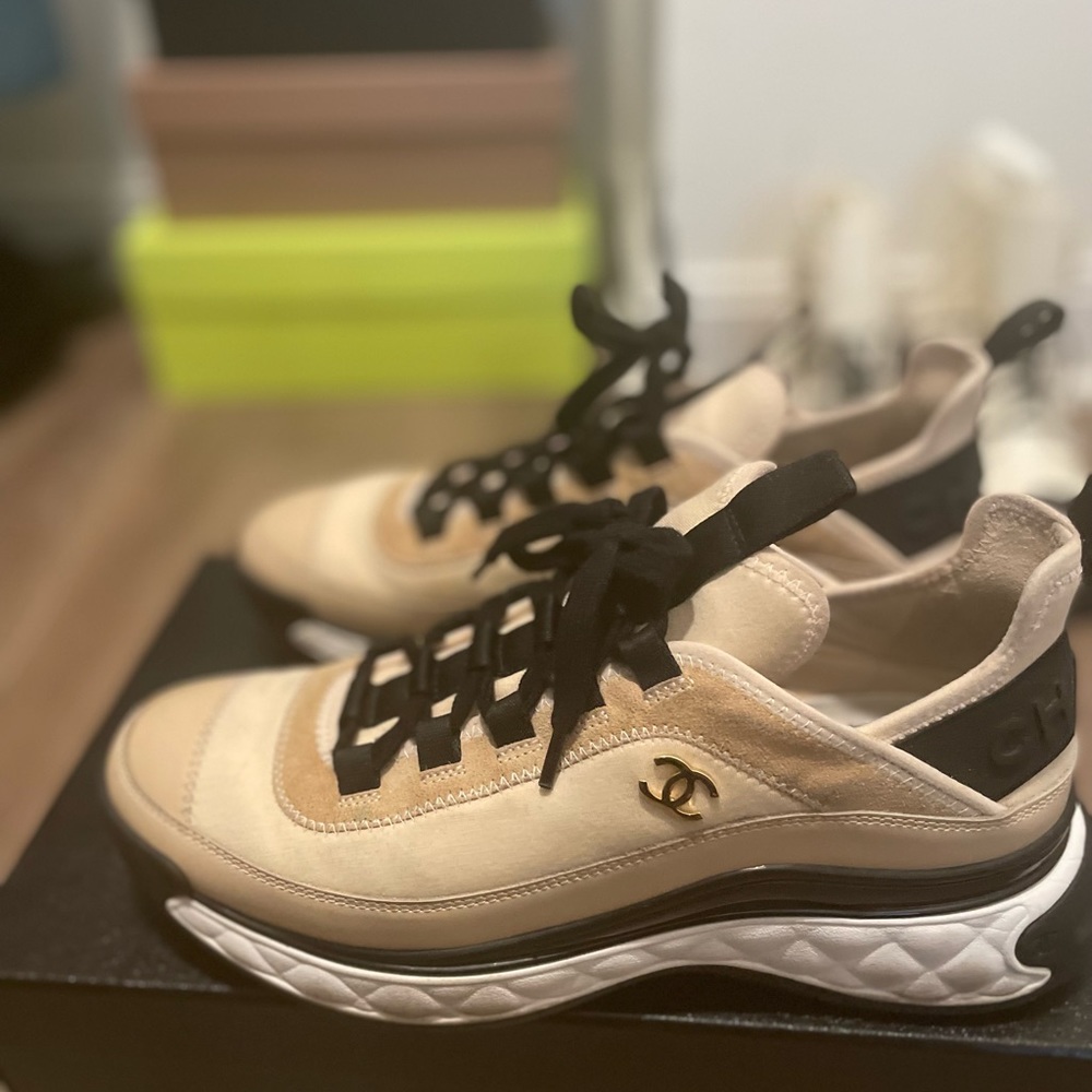 Chanel Womens Velvet Calfskin Sneaker Beige